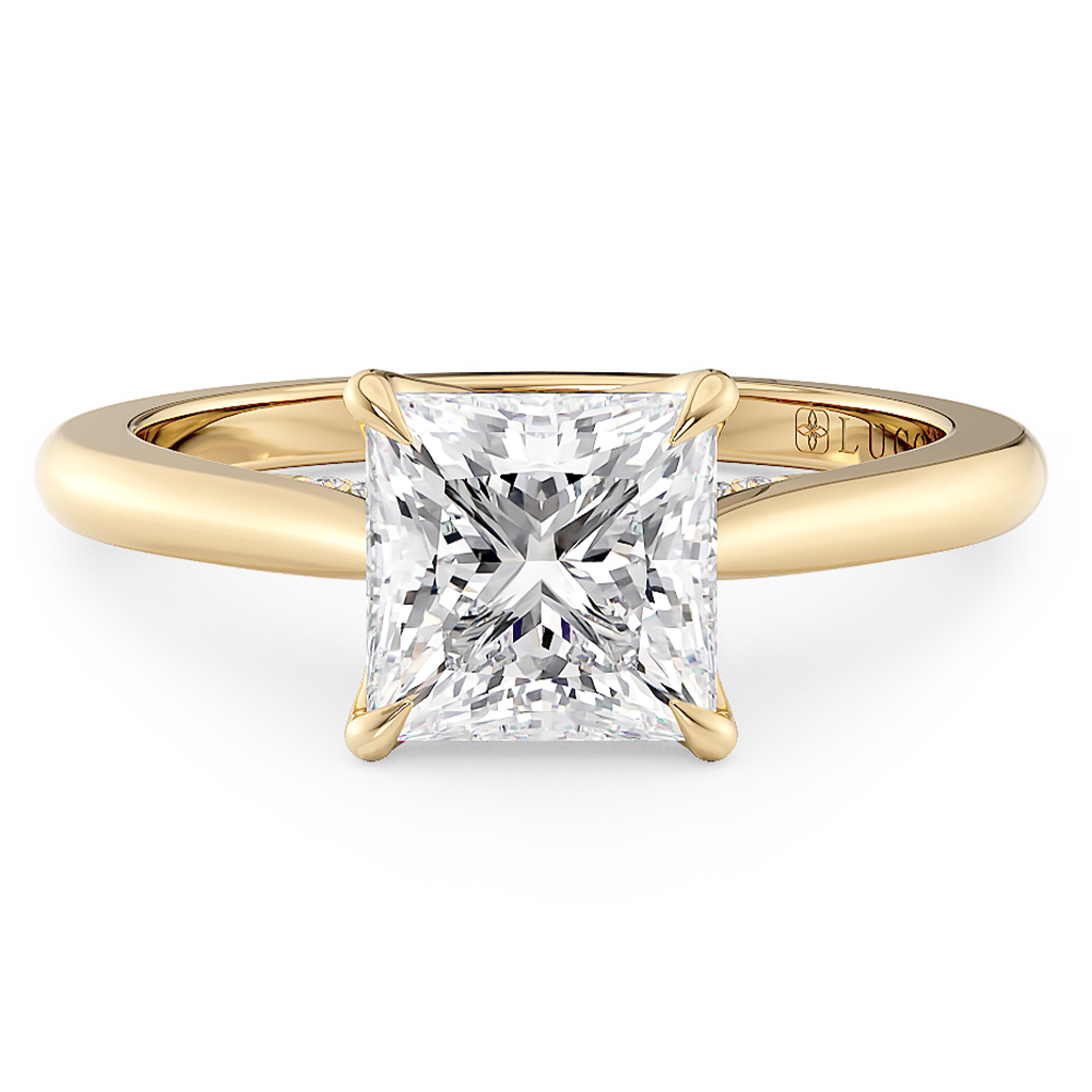 Load image into Gallery viewer, LUCCE Cathedral Oval Diamond Solitaire Engagement Ring with Petal Prongs and Hidden Accent Stones in Gold or Platinum

