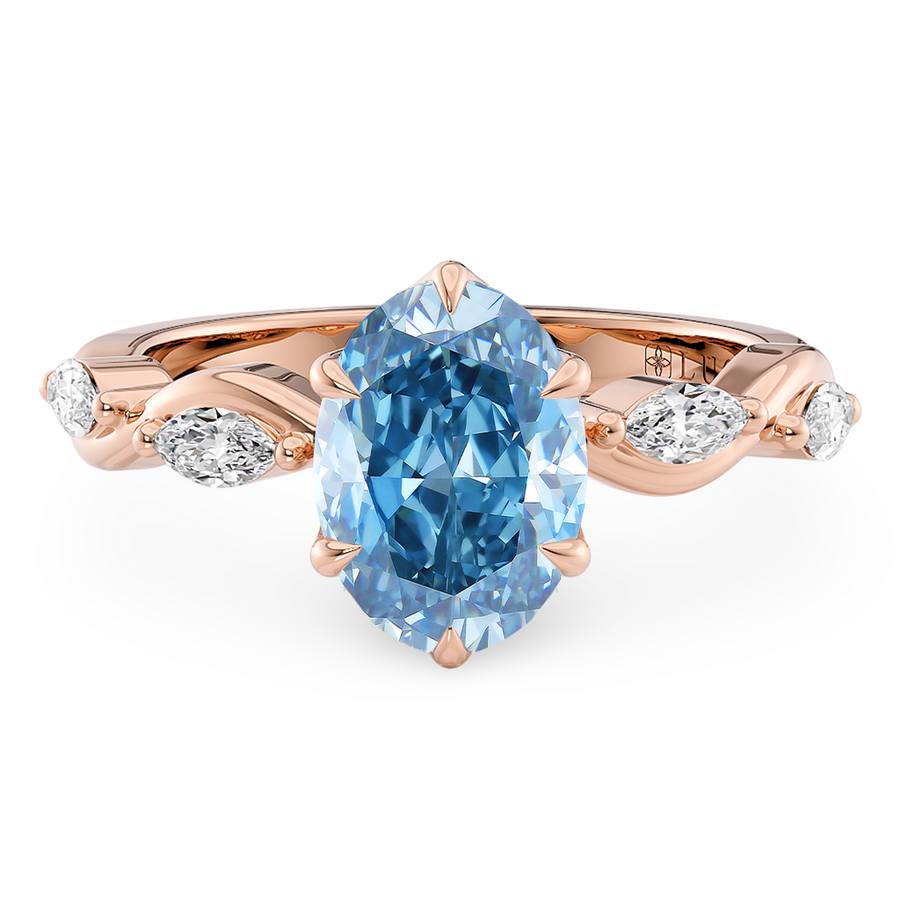 Load image into Gallery viewer, LUCCE OCEAN Blue Oval cut Diamond Ring with Marquise Accents in Intertwining Vines and Petal Prongs Mid Setting Engagement Ring in Gold or Platinum 
