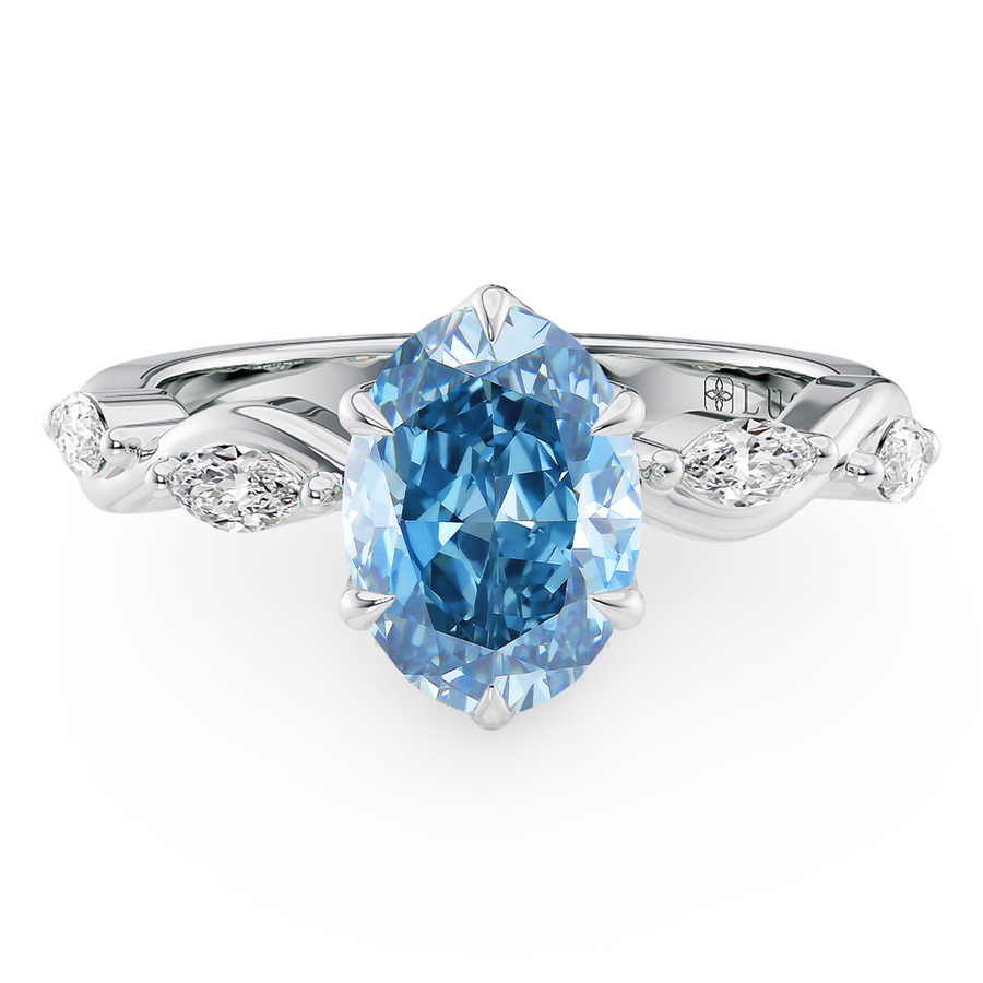 Load image into Gallery viewer, LUCCE OCEAN Blue Oval cut Diamond Ring with Marquise Accents in Intertwining Vines and Petal Prongs Mid Setting Engagement Ring in Gold or Platinum 
