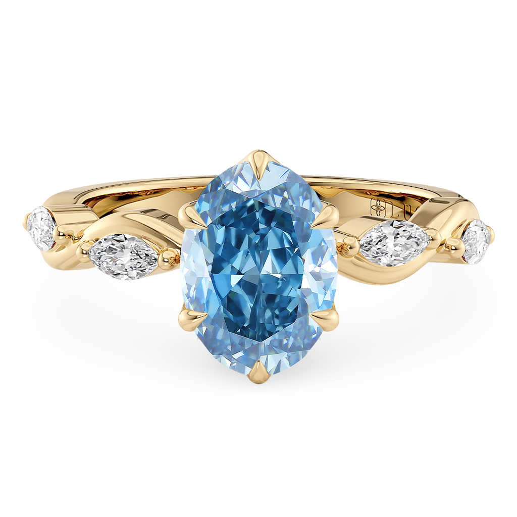Load image into Gallery viewer, LUCCE OCEAN Blue Oval cut Diamond Ring with Marquise Accents in Intertwining Vines and Petal Prongs Mid Setting Engagement Ring in Gold or Platinum 
