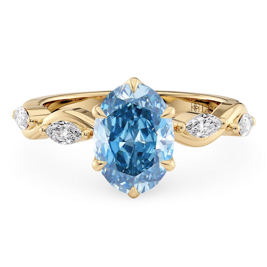Load image into Gallery viewer, LUCCE OCEAN Blue Oval cut Diamond Ring with Marquise Accents in Intertwining Vines and Petal Prongs Mid Setting Engagement Ring in Gold or Platinum 
