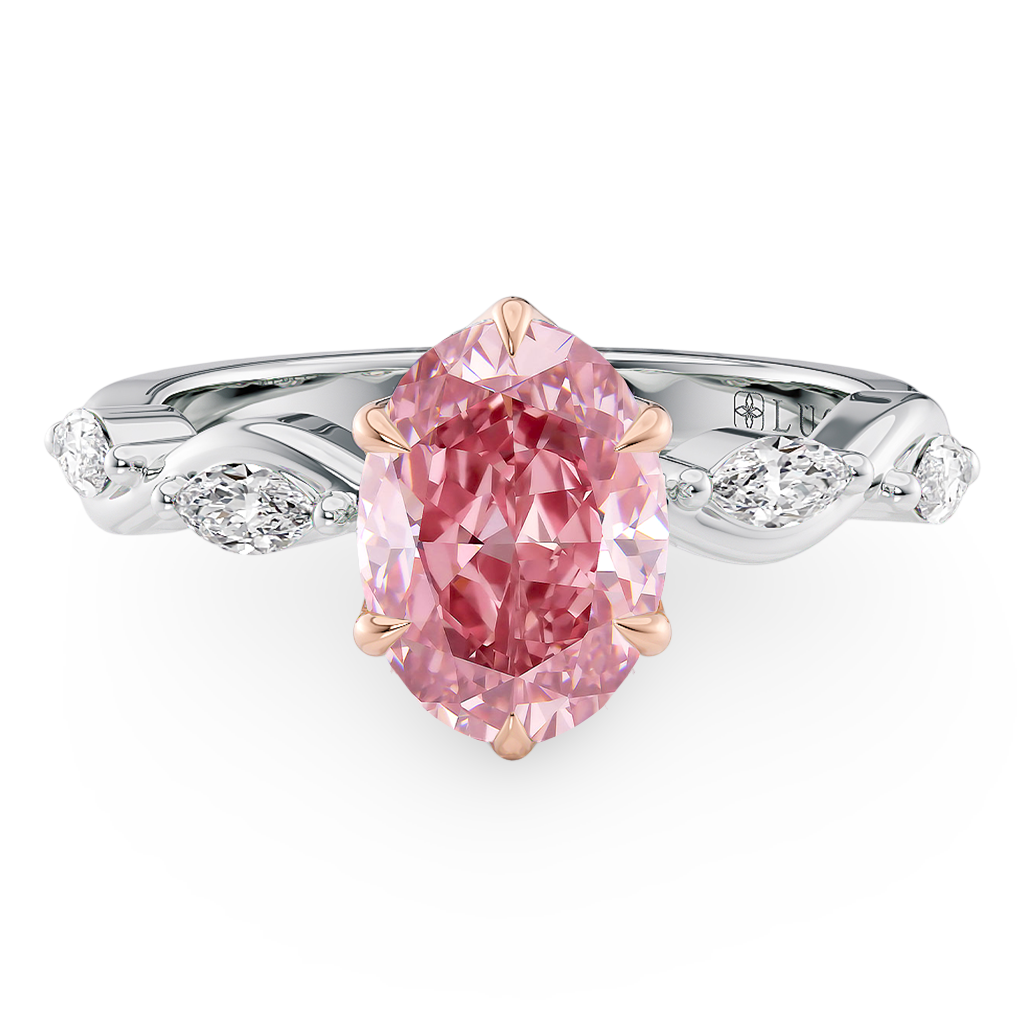Load image into Gallery viewer, LUCCE ROSÉ Pink Oval cut Diamond Ring with Marquise Accents in Intertwining Vines and Petal Prongs Mid Setting Engagement Ring in Gold or Platinum 
