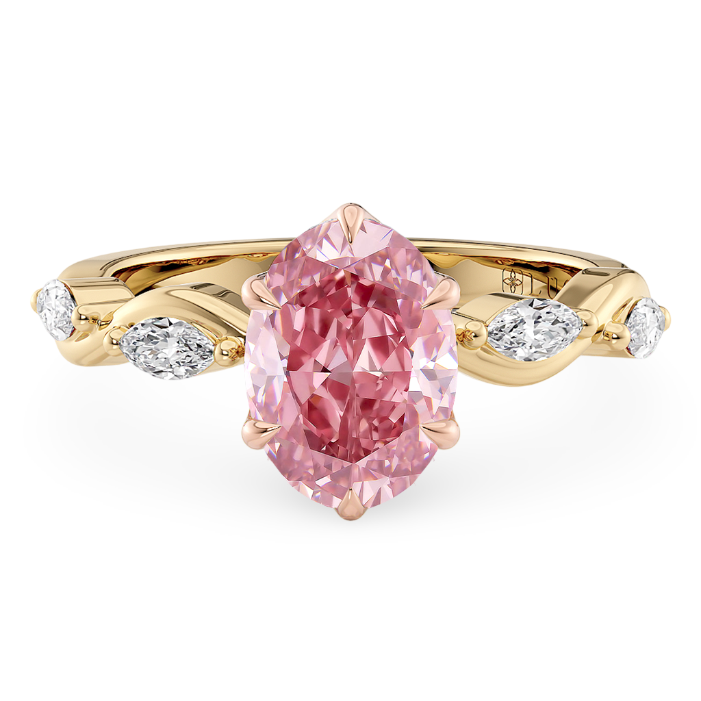 Load image into Gallery viewer, LUCCE ROSÉ Pink Oval cut Diamond Ring with Marquise Accents in Intertwining Vines and Petal Prongs Mid Setting Engagement Ring in Gold or Platinum 
