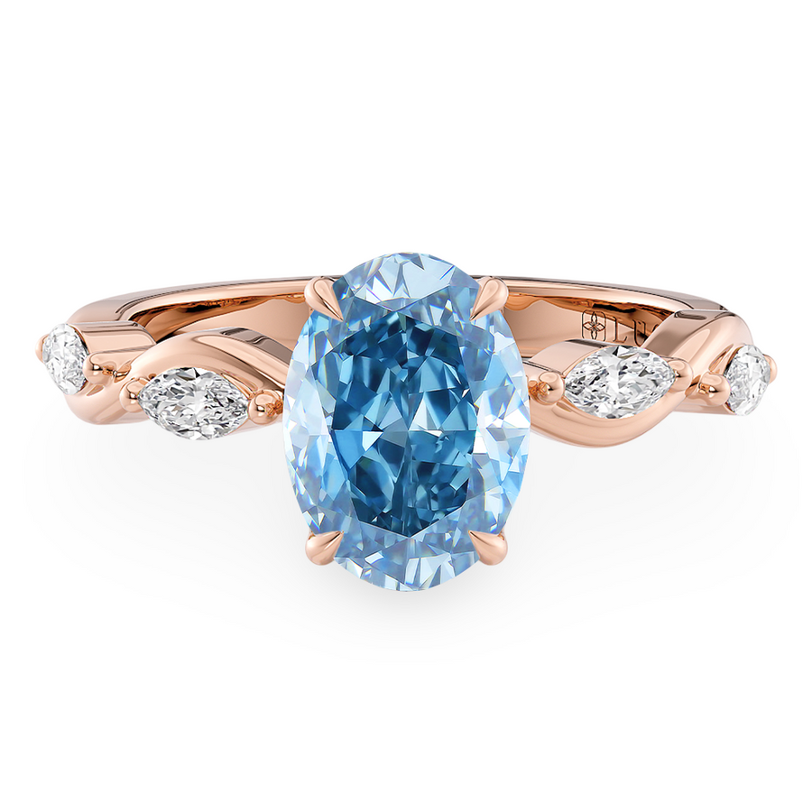 Load image into Gallery viewer, LUCCE Ocean Blue Oval Diamond Ring with Marquise Accents in Intertwining Vines and Petal Prongs Mid Setting Engagement Ring in Gold or Platinum 
