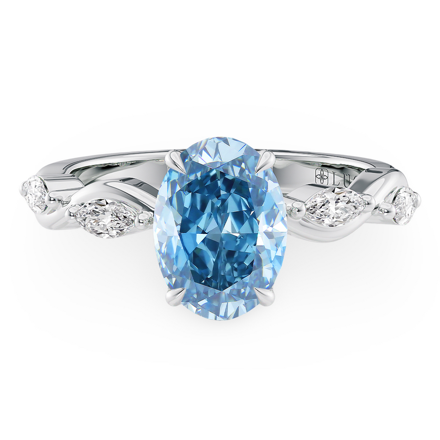 Load image into Gallery viewer, LUCCE Ocean Blue Oval Diamond Ring with Marquise Accents in Intertwining Vines and Petal Prongs Mid Setting Engagement Ring in Gold or Platinum 
