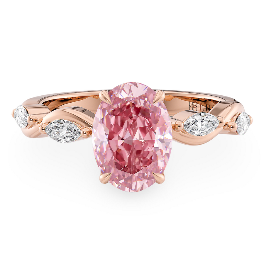 Load image into Gallery viewer, LUCCE ROSÉ Pink Oval Diamond Ring with Marquise Accents in Intertwining Vines and Petal Prongs Mid Setting Engagement Ring in Gold or Platinum 
