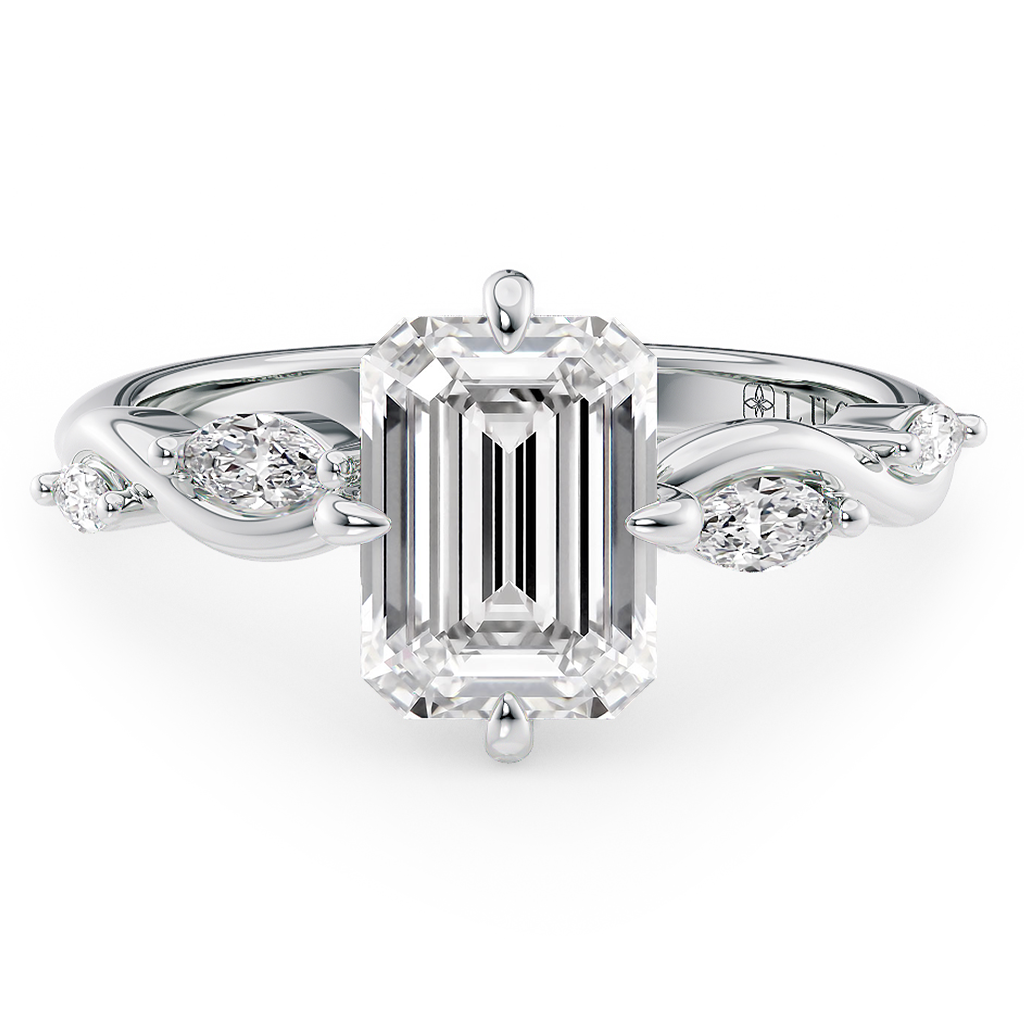Load image into Gallery viewer, LUCCE Emerald Diamond Ring with Marquise Accents in Intertwining Vines and Petal Prongs Mid Setting Engagement Ring in Gold or Platinum 
