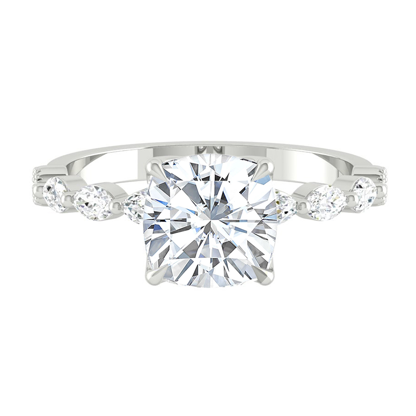 Cushion Diamond Engagement Ring with Marquise and Round Accent Band with Petal Prong in Gold or Platinum, Manila Philippines