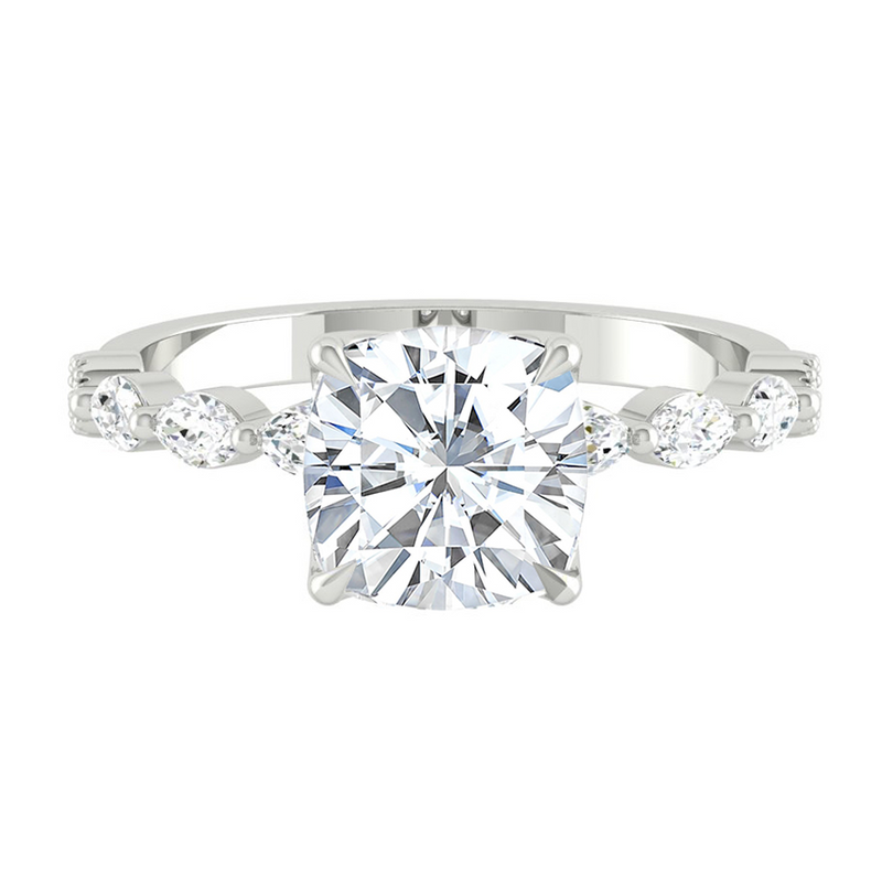 Cushion Diamond Engagement Ring with Marquise and Round Accent Band with Petal Prong in Gold or Platinum, Manila Philippines