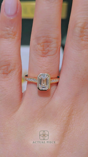 LUCCE Pavé Cathedral Emerald Diamond in Bezel Setting with Hidden Petal Engagement Ring in Gold or Platinum