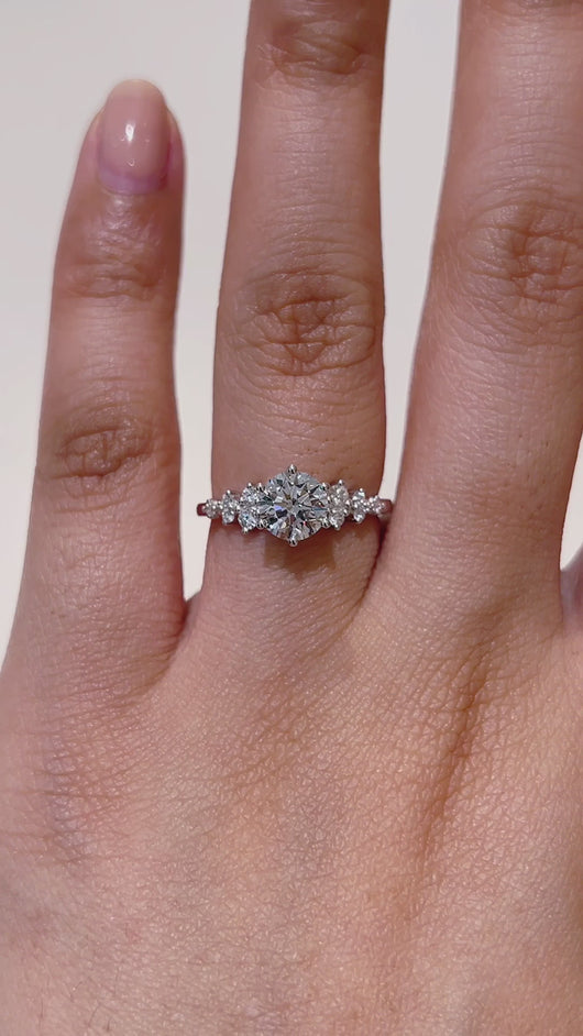 Round Diamond Cluster Engagement ring with Accents and Petal Prongs in Gold or Platinum, Manila Philippines