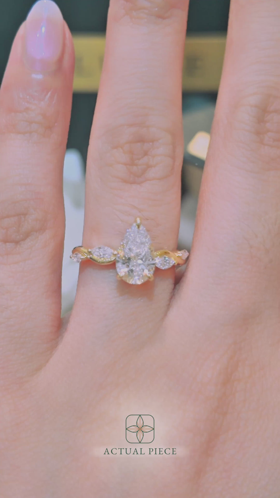 Load and play video in Gallery viewer, LUCCE Pear Engagement Ring Low Setting with Lab or Natural Diamond and marquise accents in Gold or Platinum
