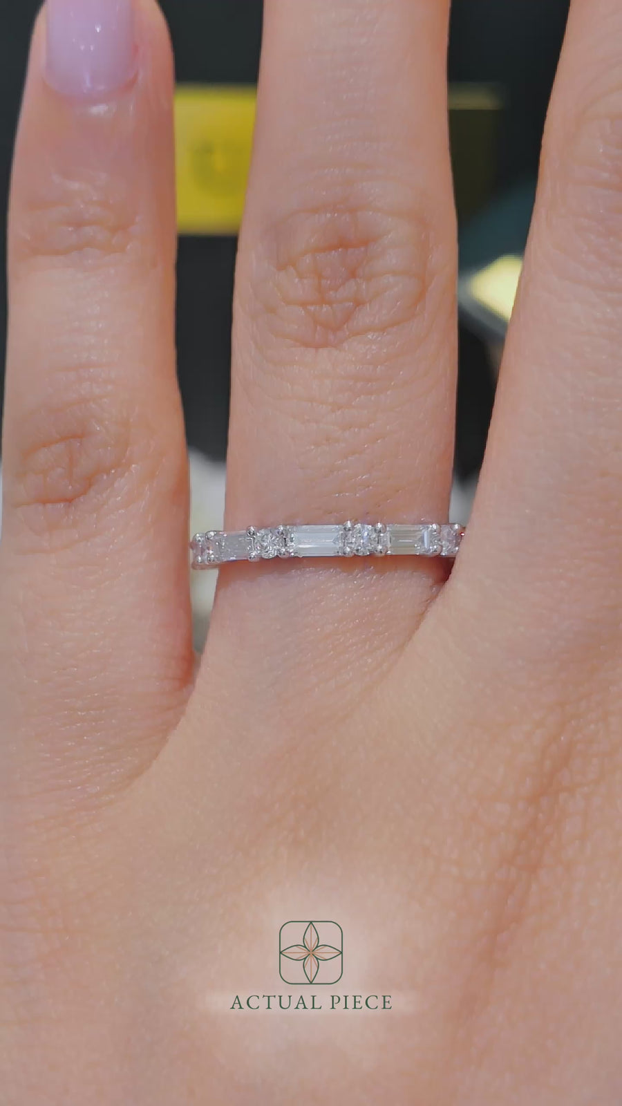 Load and play video in Gallery viewer, LUCCE Half Eternity Alternating Baguette and Round Diamond Female Wedding Ring in Gold or Platinum
