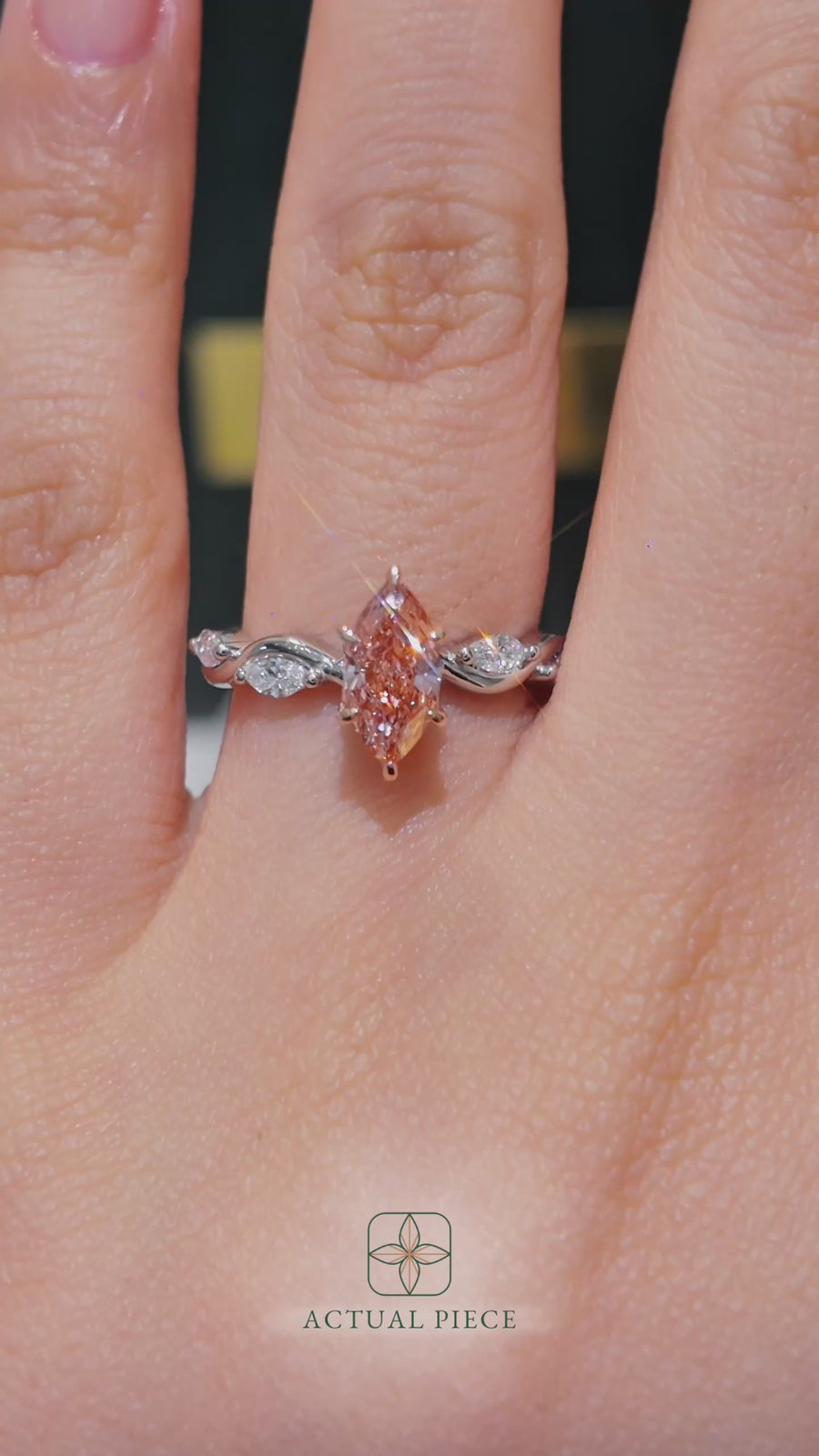 Load and play video in Gallery viewer, LUCCE ROSÉ Pink Marquise cut Diamond Ring with Marquise Accents in Intertwining Vines and Petal Prongs Mid Setting Engagement Ring in Gold or Platinum 
