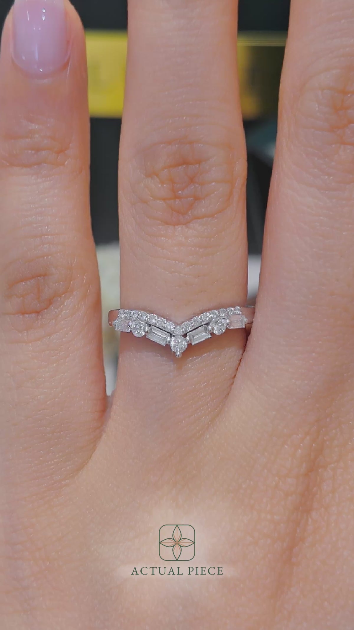 Load and play video in Gallery viewer, Half Eternity Chevron Pavé and Alternating Round and Baguette Round Diamond Wedding Ring in Gold or Platinum

