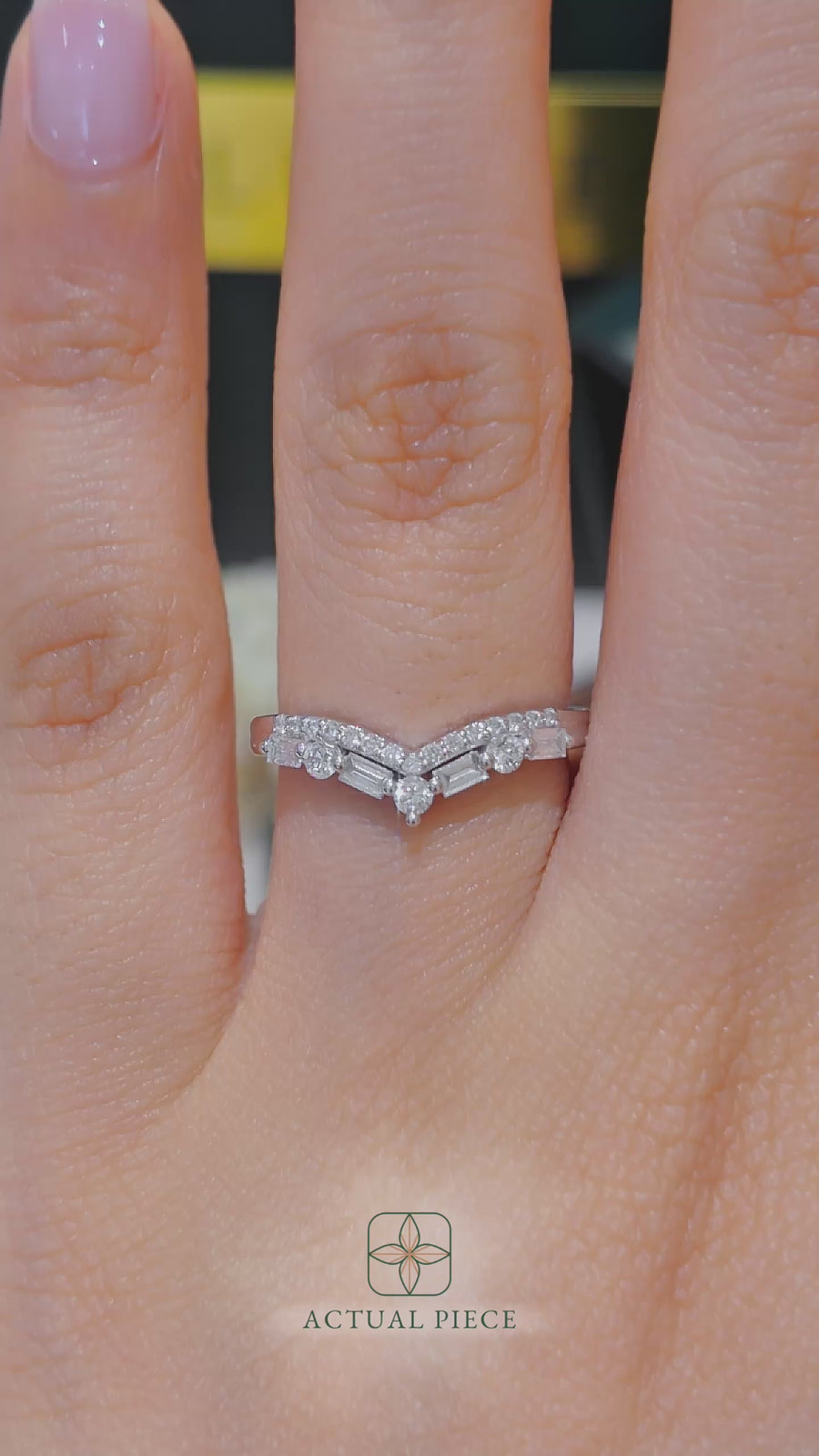 Load and play video in Gallery viewer, Half Eternity Chevron Pavé and Alternating Round and Baguette Round Diamond Wedding Ring in Gold or Platinum
