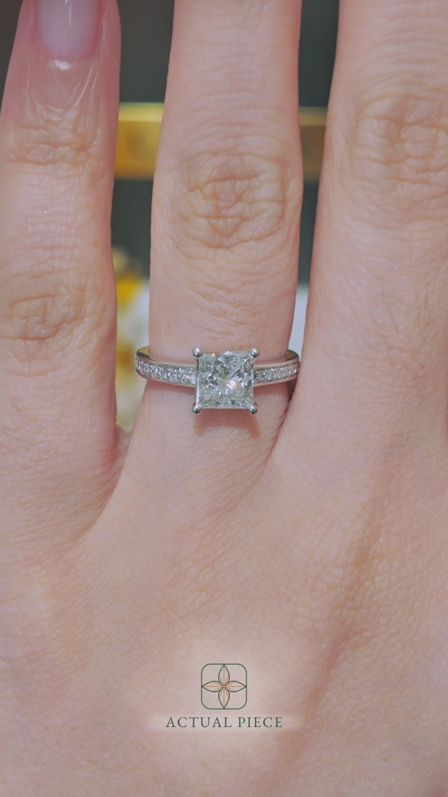 Load and play video in Gallery viewer, LUCCE Low setting with Bead Bright Channel Pavé Diamond and Gemstone Engagement Ring with Princess Center Stone in Gold or Platinum
