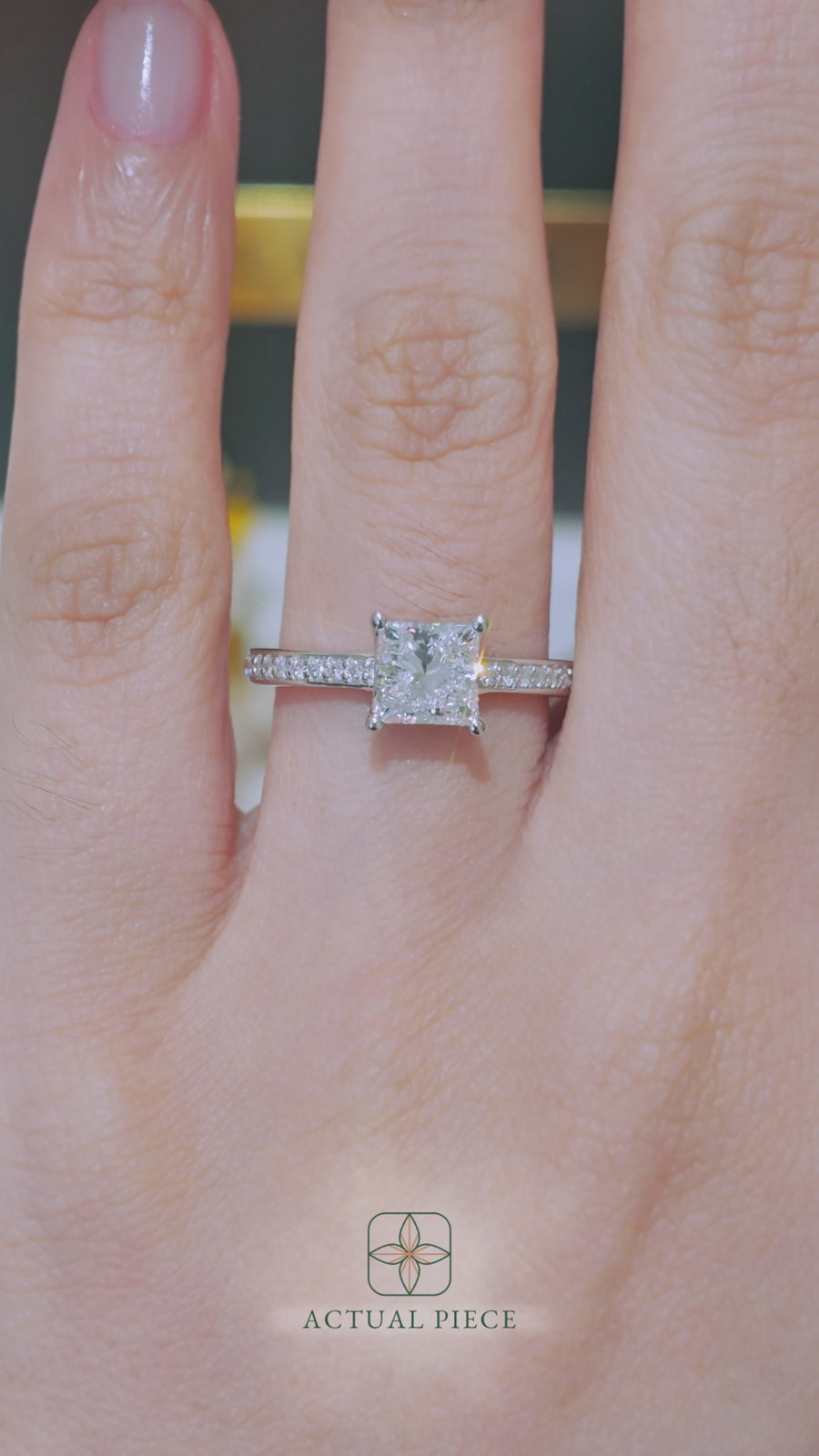 Load and play video in Gallery viewer, LUCCE Low setting with Bead Bright Channel Pavé Diamond and Gemstone Engagement Ring with Princess Center Stone in Gold or Platinum
