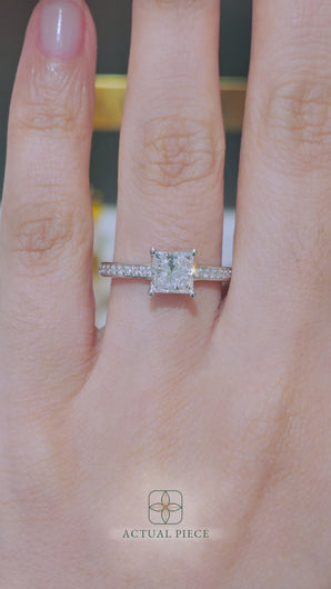 LUCCE Low setting with Bead Bright Channel Pavé Diamond and Gemstone Engagement Ring with Princess Center Stone in Gold or Platinum