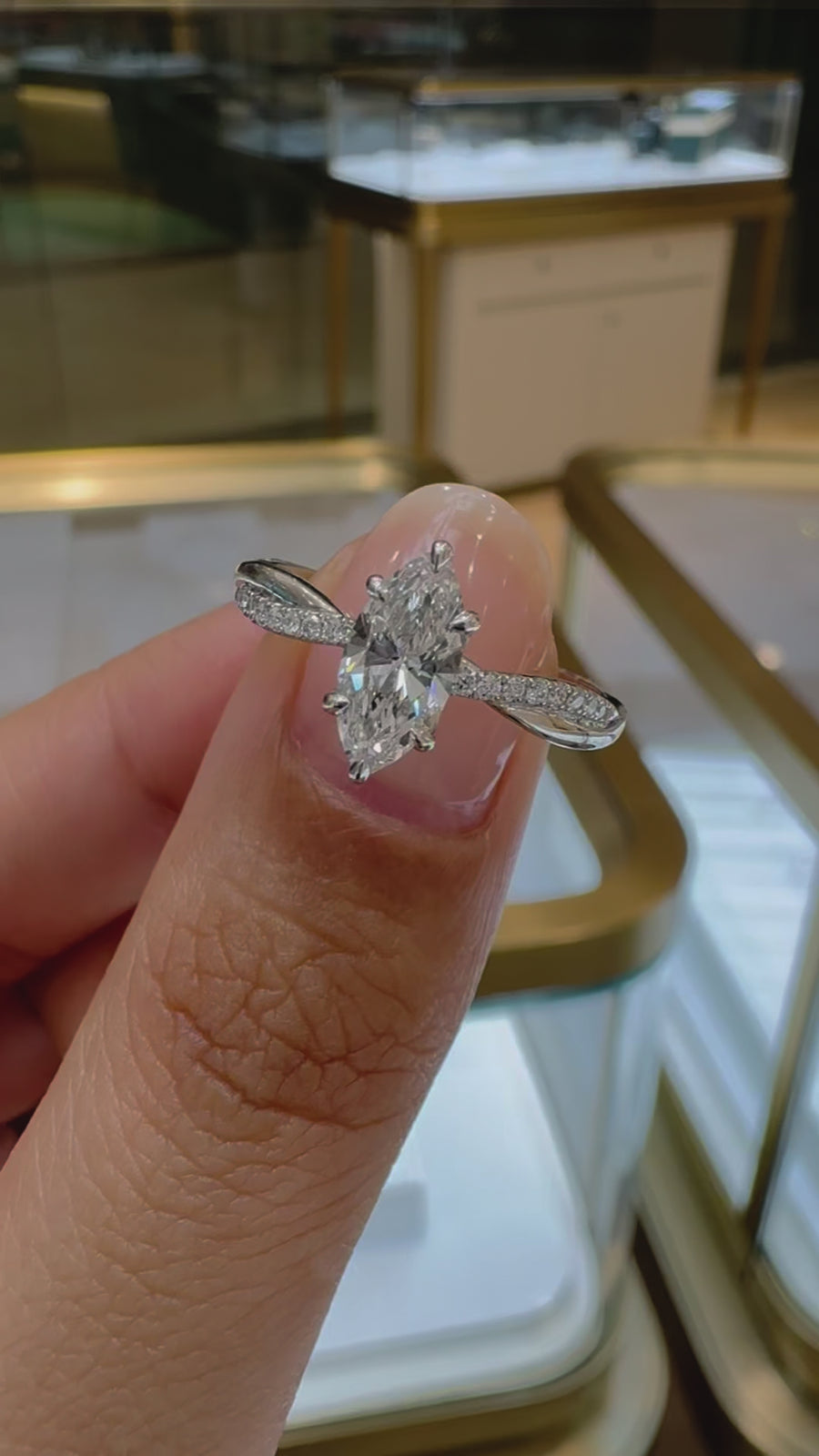 Load and play video in Gallery viewer, LUCCE Twisting Marquise Pavé Diamond Engagement Ring with Petal Prongs in Gold or Platinum
