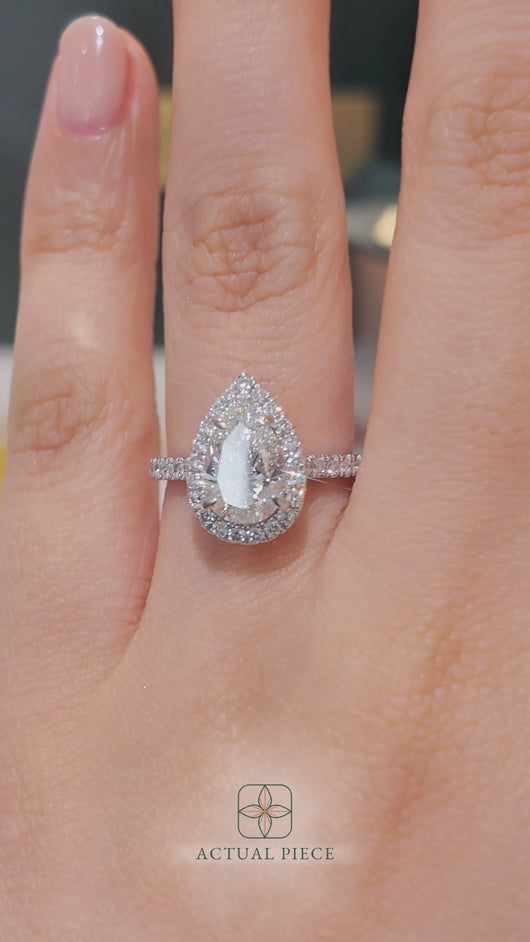 LUCCE Pavé Cathedral Pear Diamond with Halo and Hidden Accents Engagement Ring in Gold or Platinum