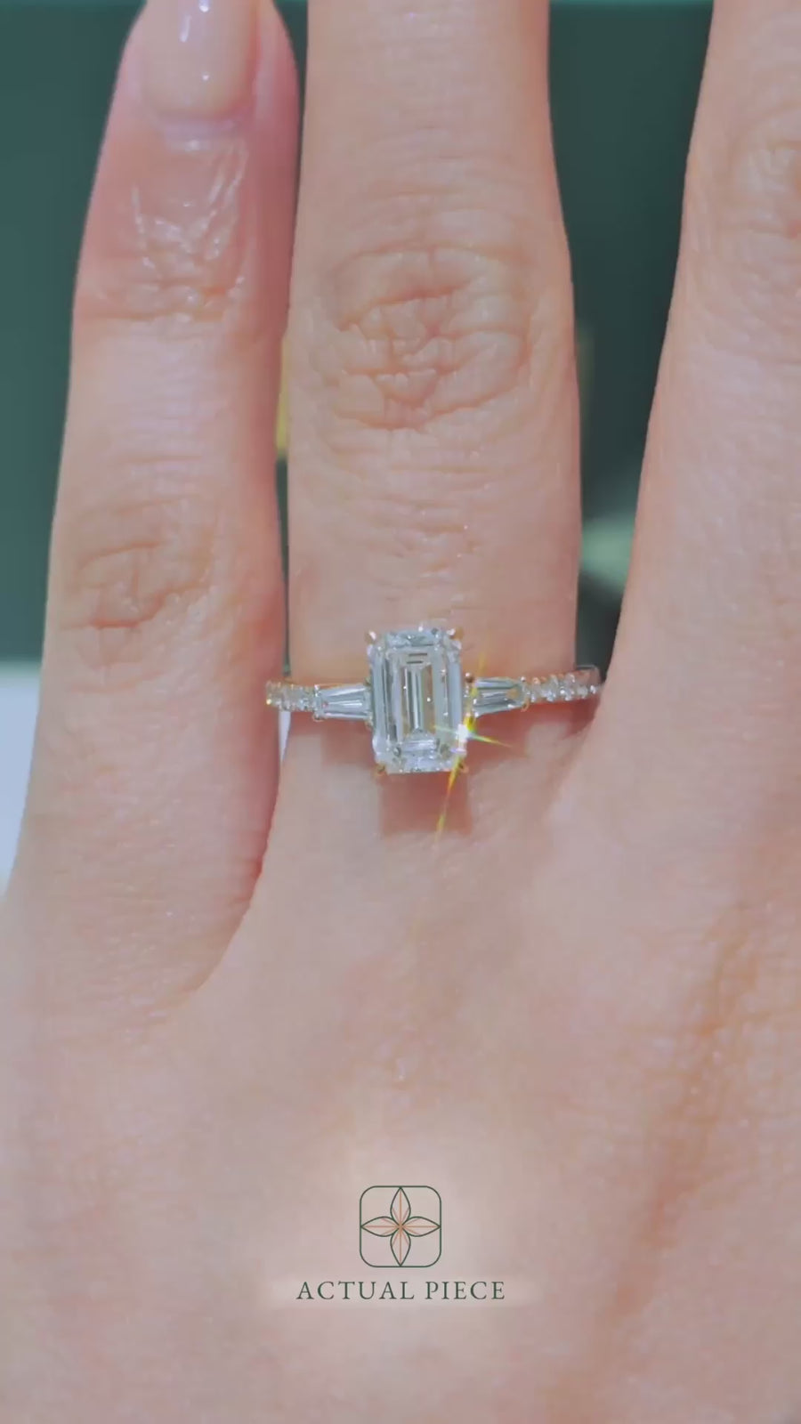 Load and play video in Gallery viewer, LUCCE Pavé Cathedral Three Stone Emerald Diamond Engagement Ring in Gold or Platinum
