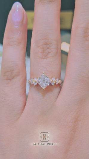LUCCE Cluster Princess Diamond Engagement Ring with Petal Prongs in Gold or Platinum
