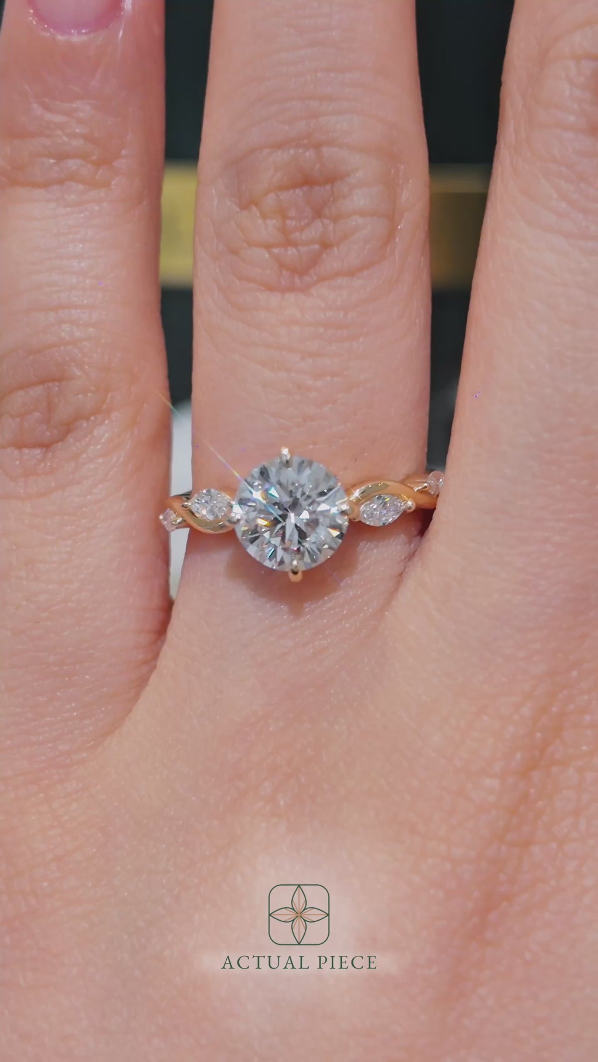 Load and play video in Gallery viewer, LUCCE Round Engagement Ring Low Setting with Lab or Natural Diamond and marquise accents in Gold or Platinum
