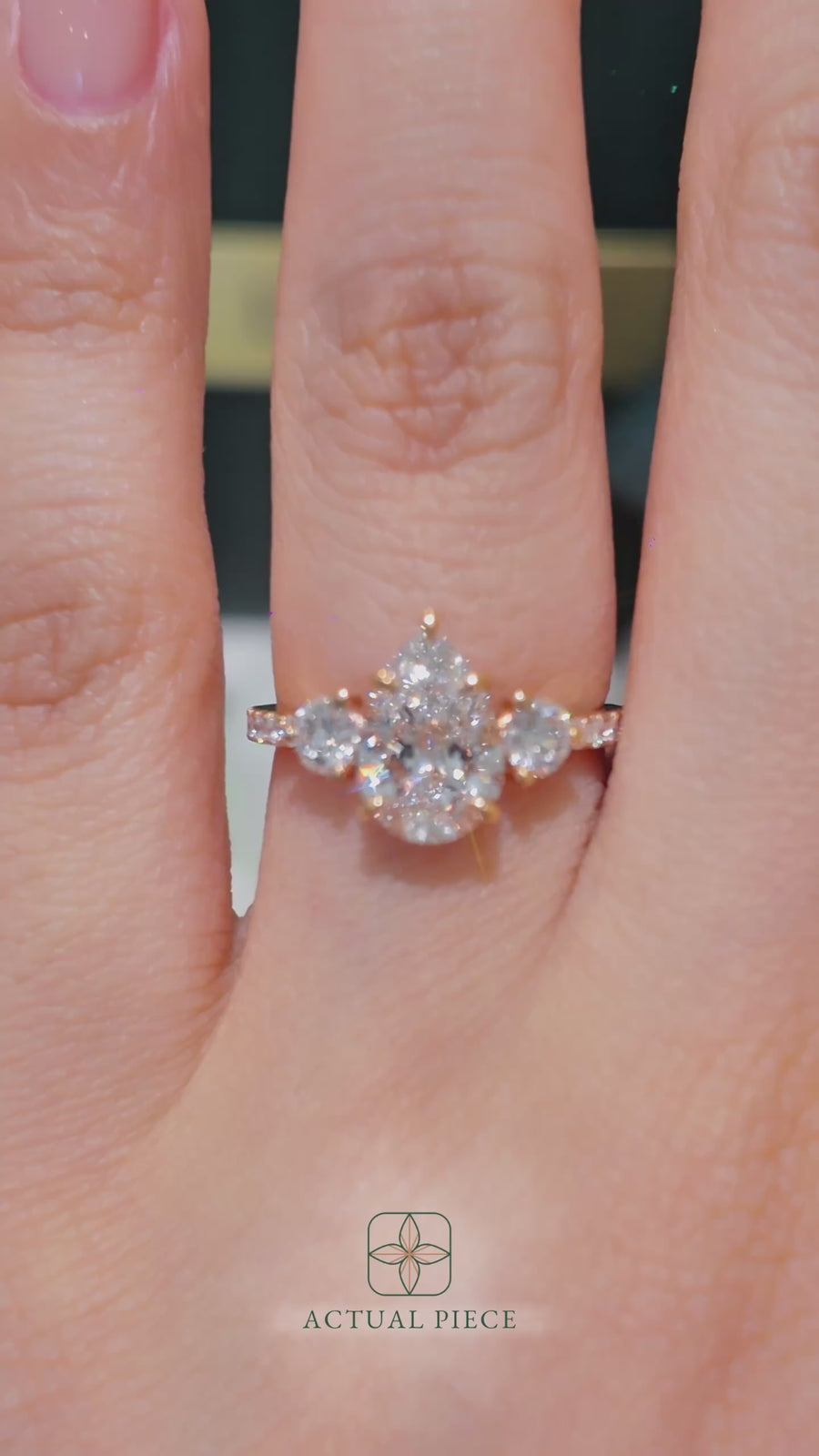 Load and play video in Gallery viewer, LUCCE Pavé Cathedral Three Stone Pear Diamond Engagement Ring in Gold or Platinum
