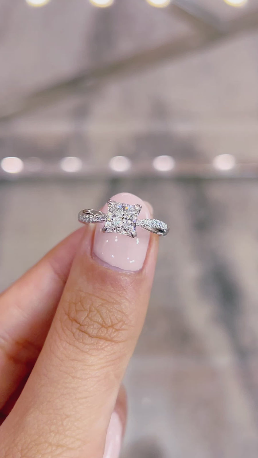 Load and play video in Gallery viewer, LUCCE Twisting Princess Pavé Diamond Engagement Ring with Petal Prongs in Gold or Platinum
