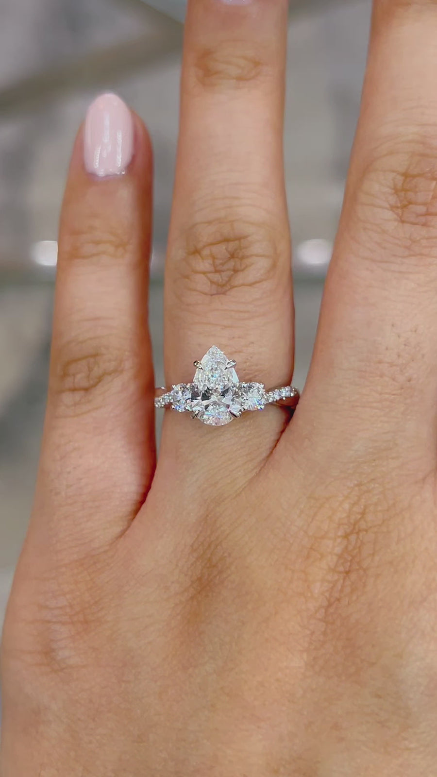 Load and play video in Gallery viewer, Pear Trio Diamond Engagement Ring with Pave Twisting Gold Platinum band Philippines
