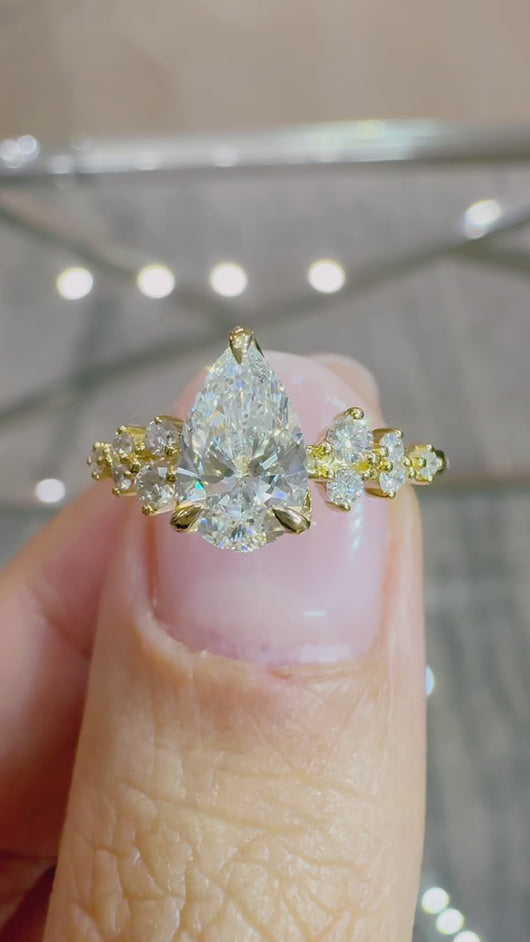 Pear Diamond Cluster Engagement ring with Petal Prongs in Gold or Platinum, Manila Philippines