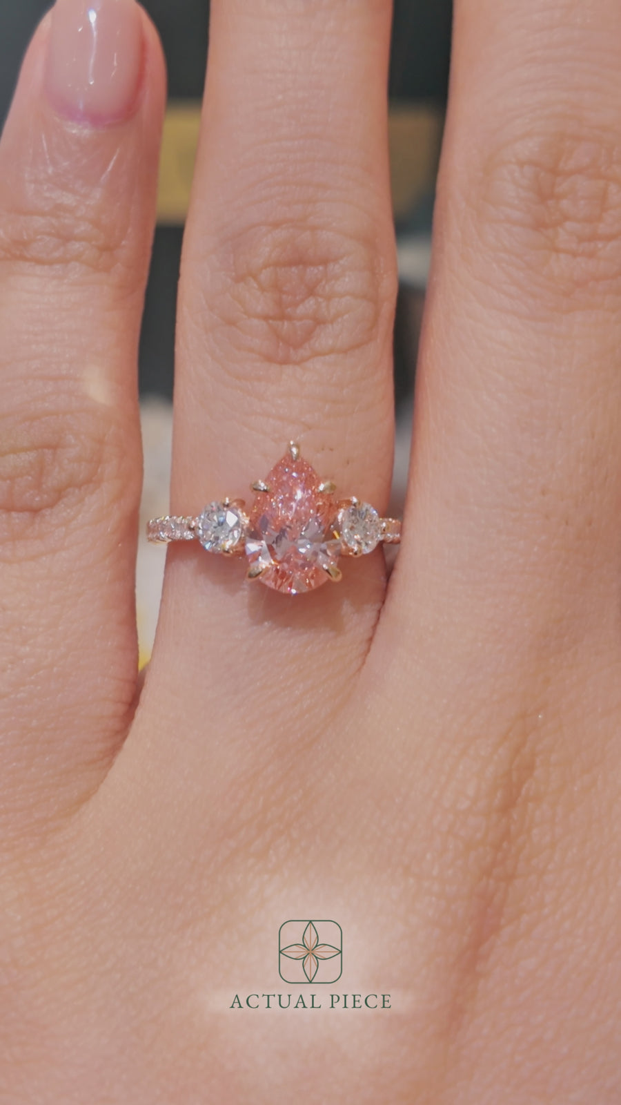 Load and play video in Gallery viewer, LUCCE Pavé Cathedral Three Stone Pear Pink Diamond Engagement Ring in Gold or Platinum
