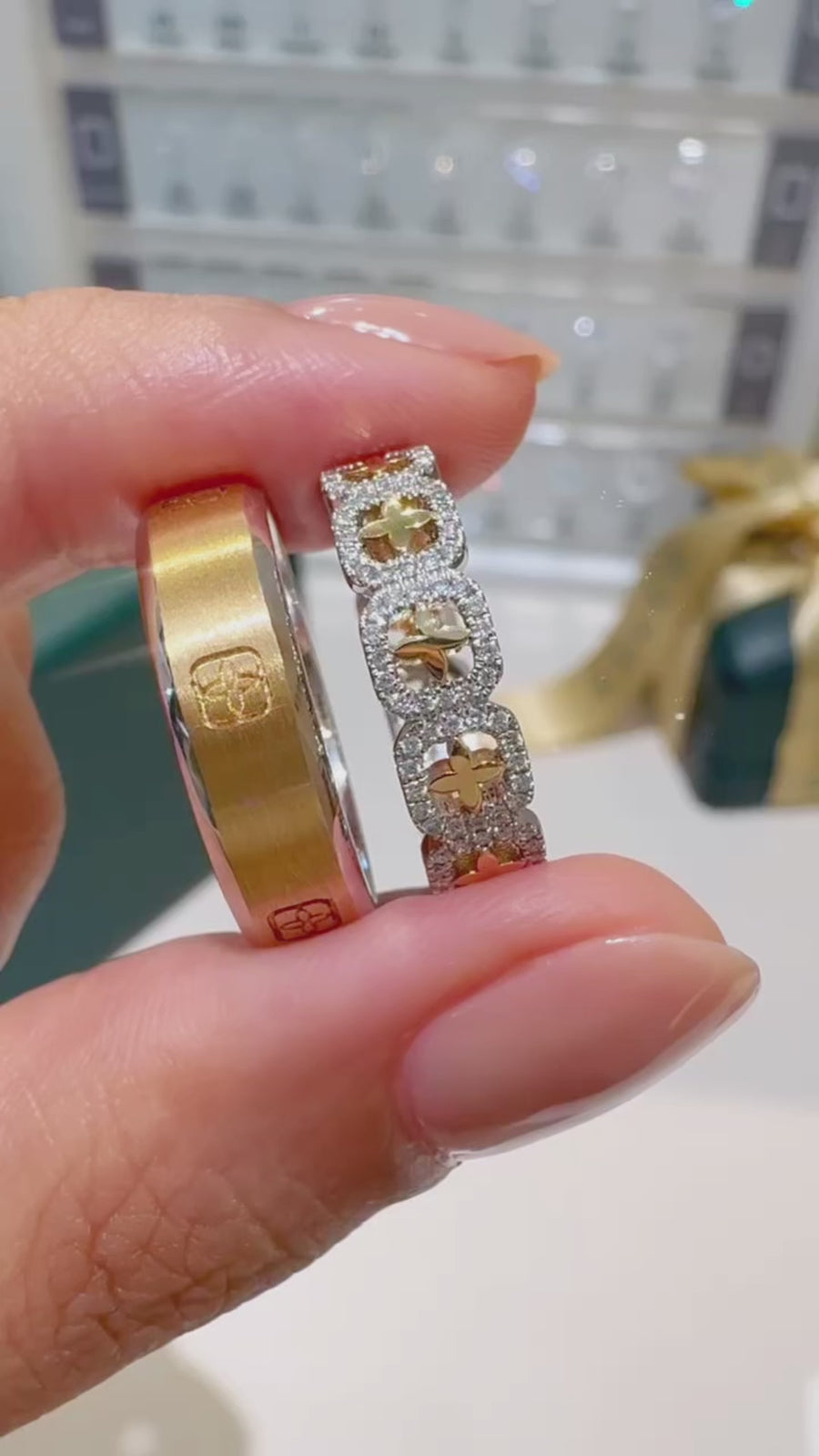 Load and play video in Gallery viewer, Constance Elle and iL Two-tone Carved Brushed Wedding Ring Bands with Round Lab or Natural Diamonds in Gold or Platinum Fine Jewelry
Lucce, Manila, Philippines

