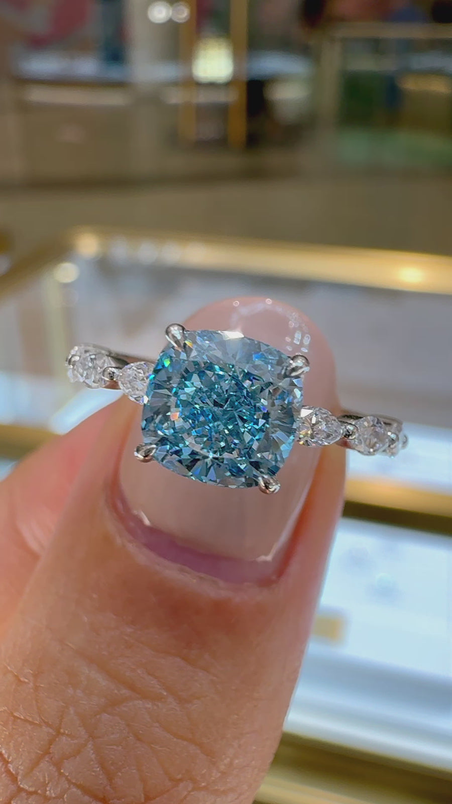 Load and play video in Gallery viewer, Blue Cushion Diamond Engagement Ring with Marquise and Round Accent Band with Petal Prong in Gold or Platinum, Manila Philippines
