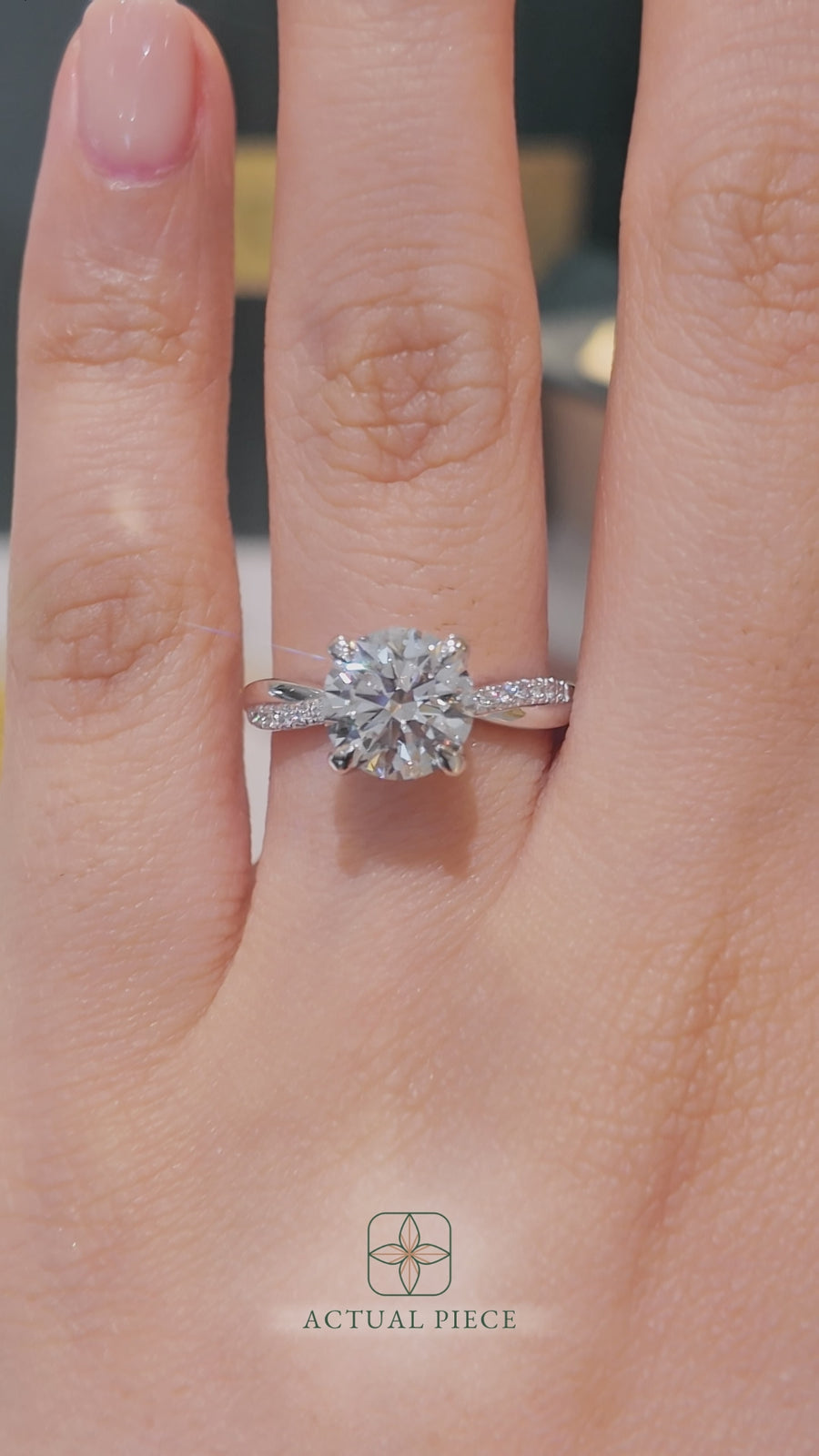 Load and play video in Gallery viewer, LUCCE Twisting Pavé Round Diamond Engagement Ring with Petal Prongs in Gold or Platinum
