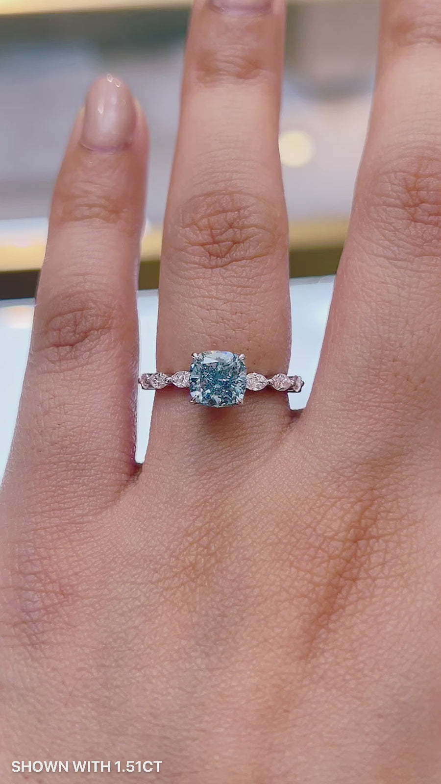 Load and play video in Gallery viewer, Blue Cushion Diamond Engagement Ring with Marquise and Round Accent Band with Petal Prong in Gold or Platinum, Manila Philippines
