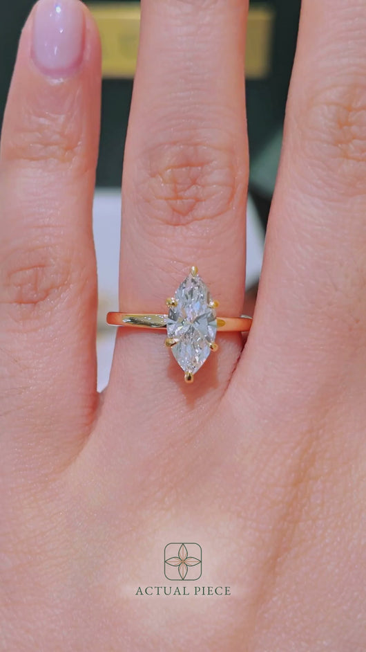LUCCE High Setting Solitaire Marquise Diamond or Gemstone Engagement Ring with Hidden Halo in Gold or Platinum