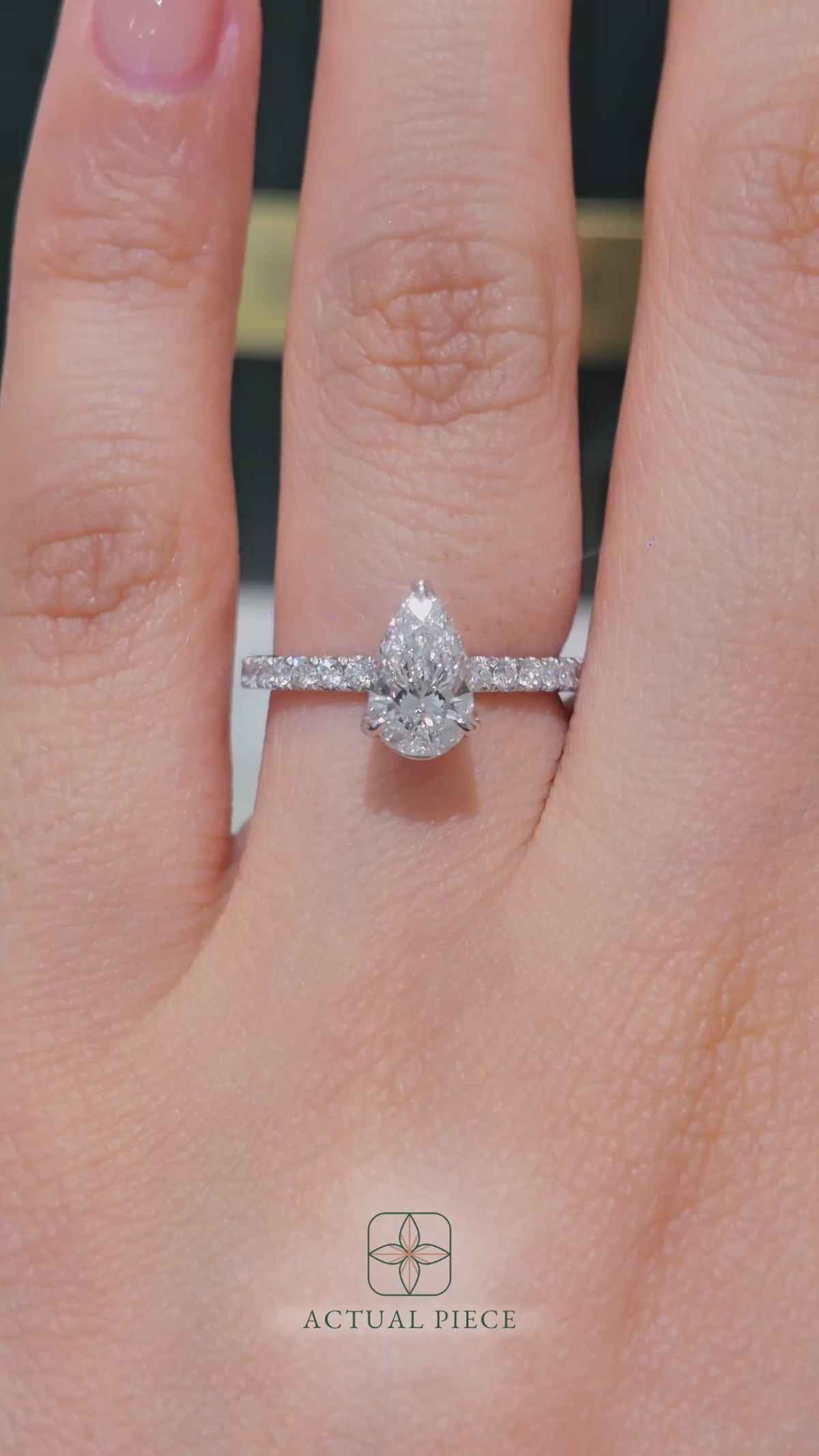 Load and play video in Gallery viewer, LUCCE Pavé Pear Diamond Engagement Ring with Hidden Halo and Petal Prongs in Gold or Platinum
