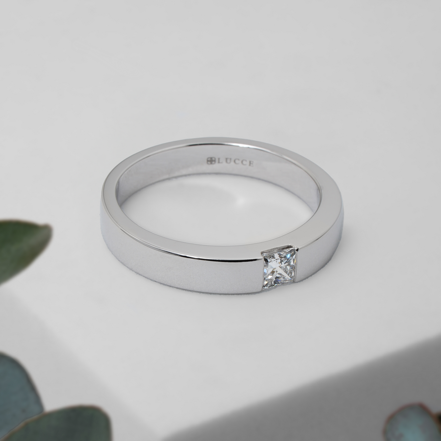 Load image into Gallery viewer, LUCCE Single Stone Princess Diamond Classic Unisex Wedding Band with Brushed or Polished Finish in Gold or Platinum
