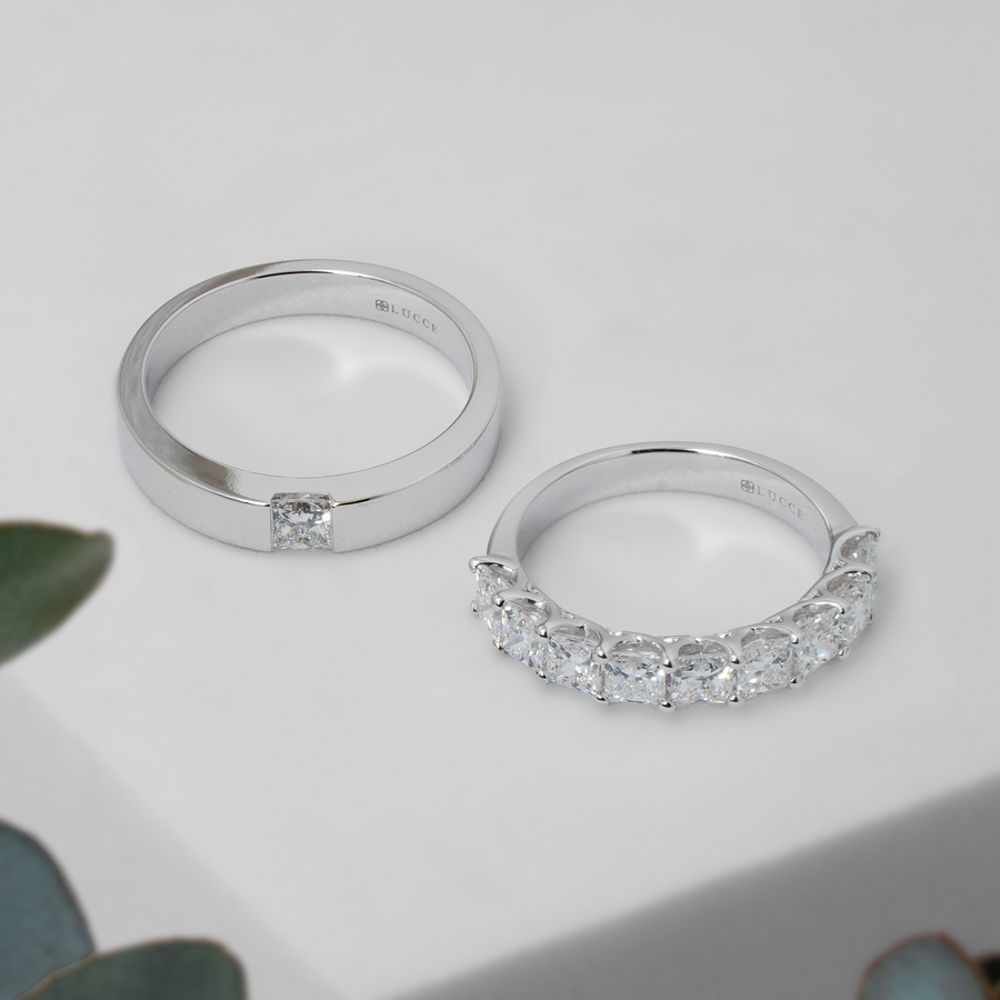 Load image into Gallery viewer, LUCCE Single Stone Princess Diamond Classic Unisex Wedding Band and Trellis 9 Stone Princess Diamond Band in Platinum


