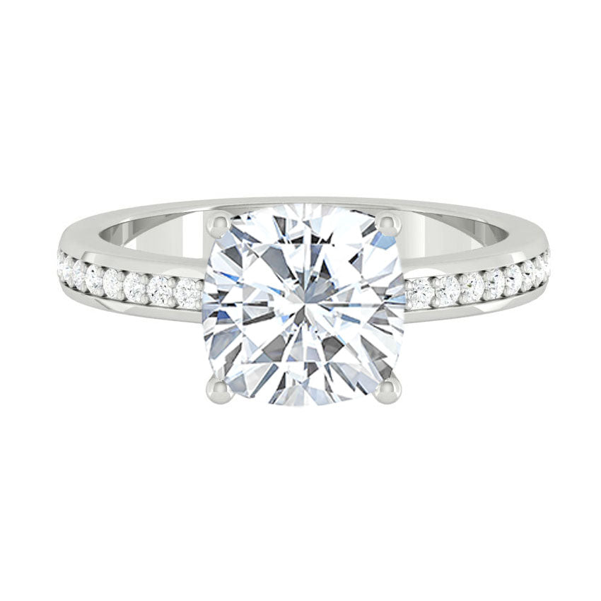 Load image into Gallery viewer, LUCCE Low setting with Bead Bright Channel Pavé Diamond and Gemstone Engagement Ring with Cushion Center Stone in Gold or Platinum
